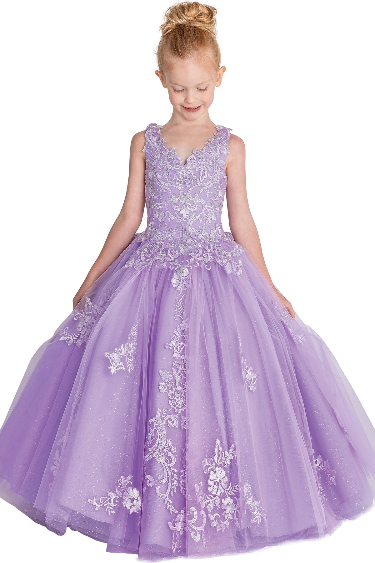 In full view, the Lilac mini quinceañera dress shows floral lace bodice above a softly layered lilac skirt.