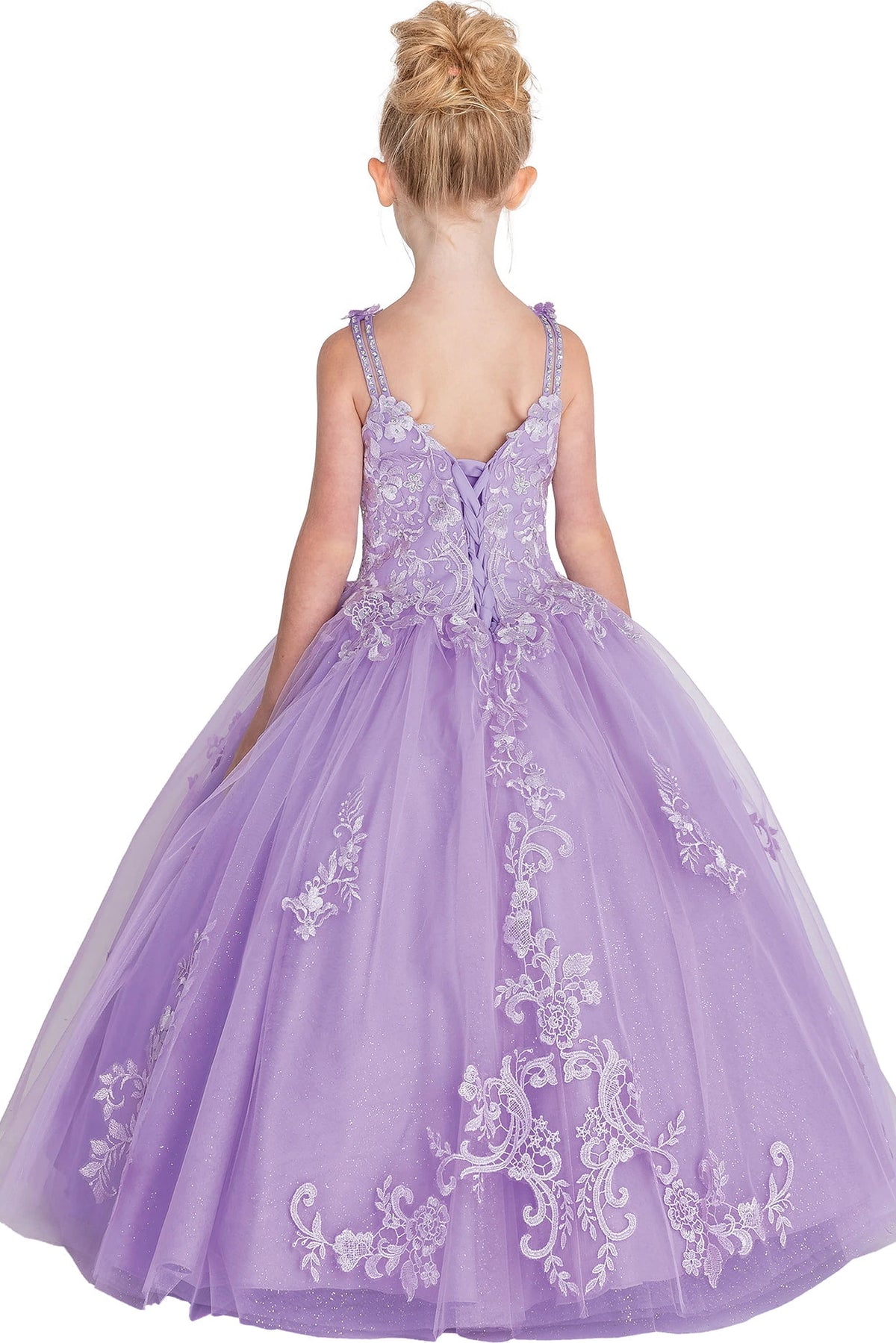 At the back, the Lilac mini quinceañera dress features lace-up back edged with embroidered straps.