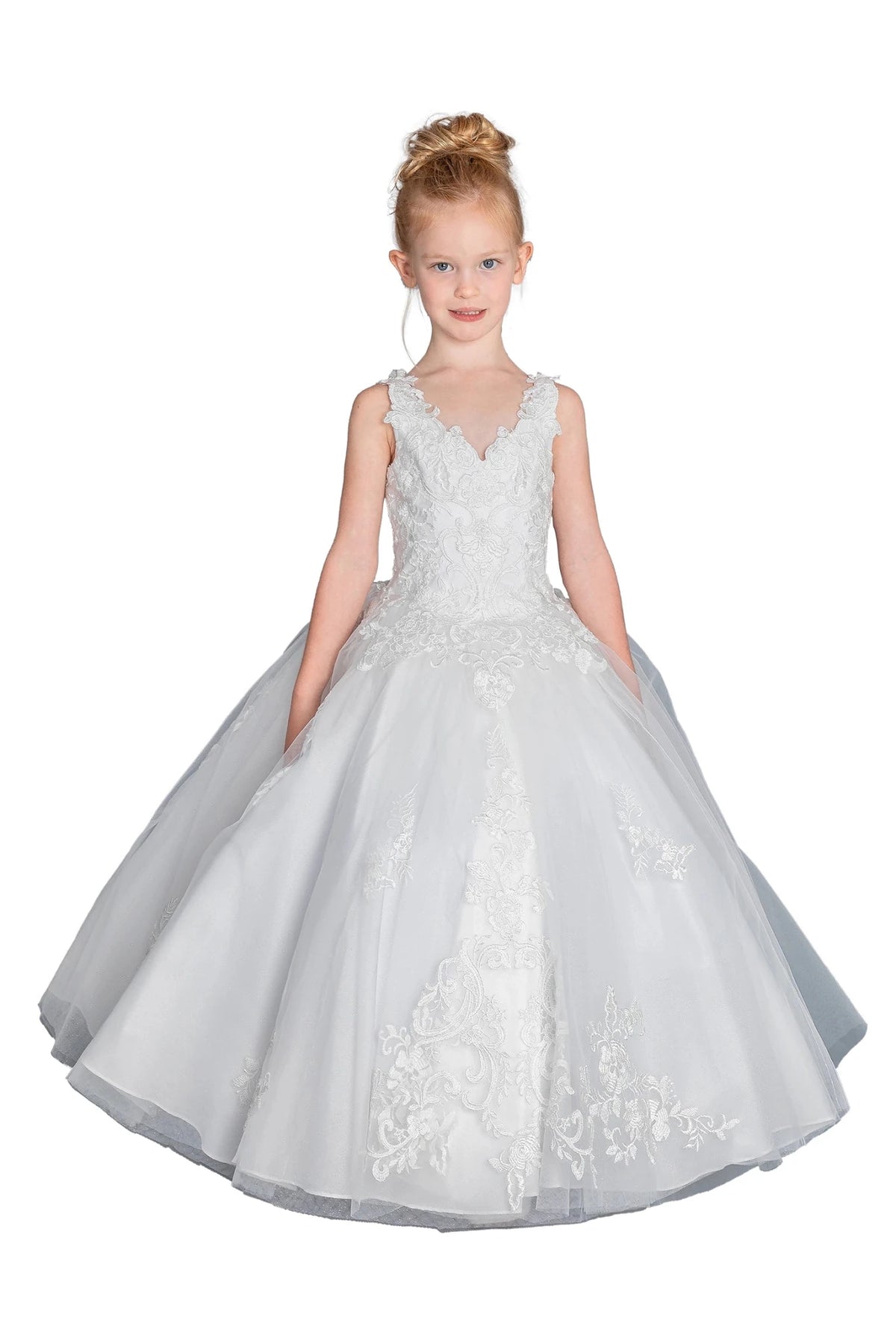 Showing floral lace on its V-neck bodice and full skirt, this Off-White mini quinceañera ball gown is shown in full view.
