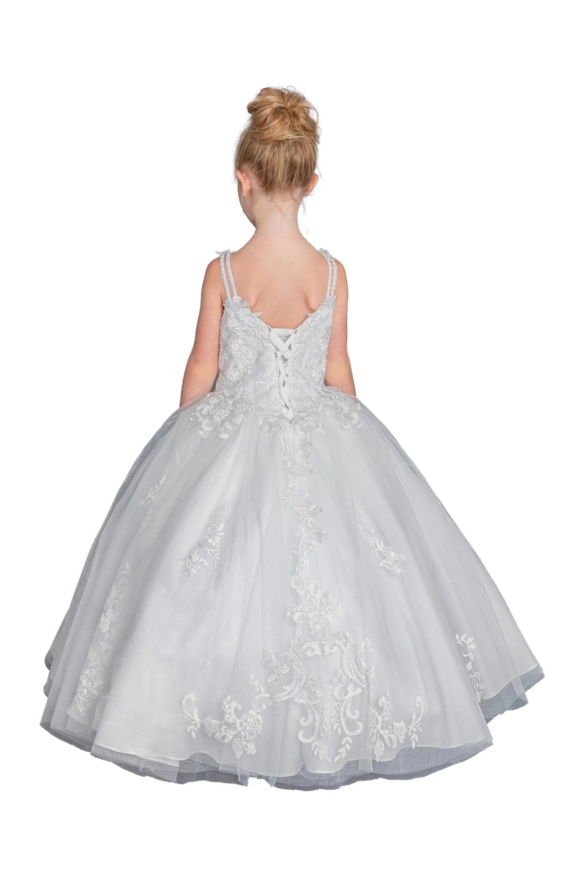 Revealing a lace-up bodice above its layered skirt, this Off-White mini quinceañera ball gown is shown from the back.