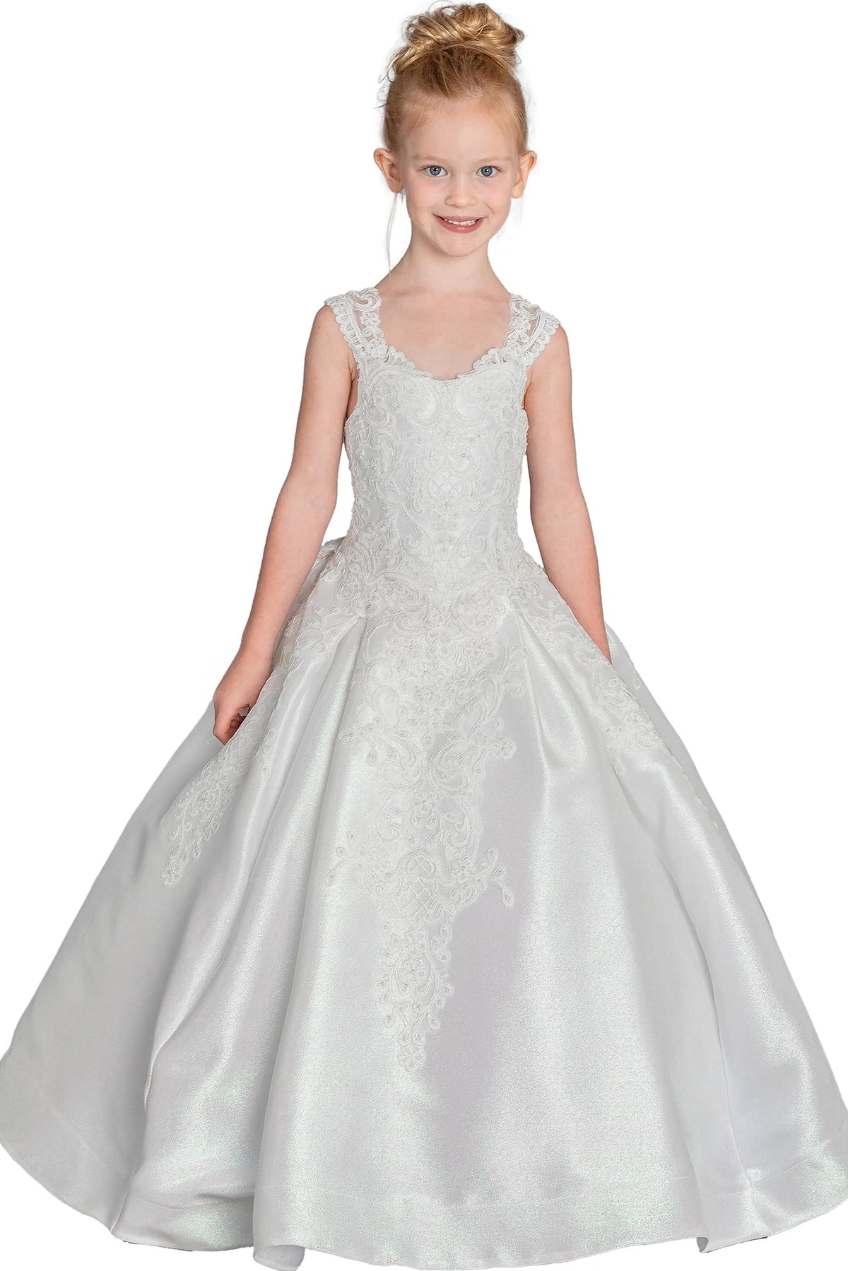 Shimmering from top to hem, the Off White mini quinceañera dress shows lace appliqué framing the v-neck above a luminous satin skirt.