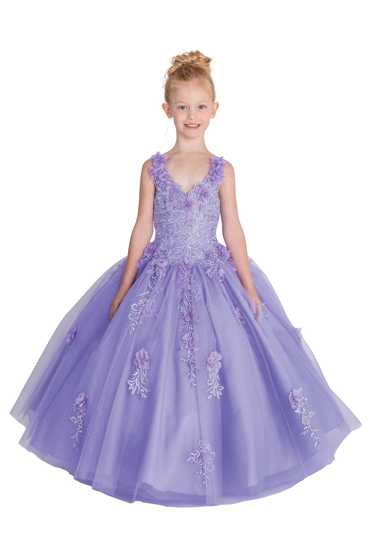From the neckline, the Lilac mini quinceañera dress shows double straps and lace embroidery over a softly layered skirt.