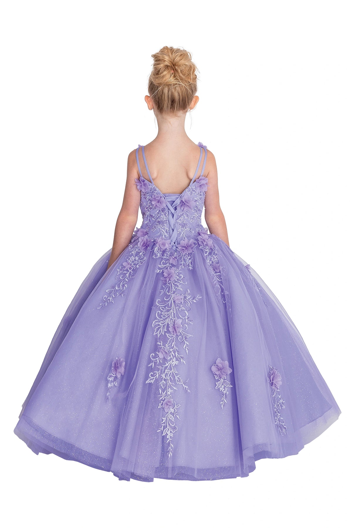 Seen from the back, the Lilac mini quinceañera dress features lace-up back finished with narrow double straps.