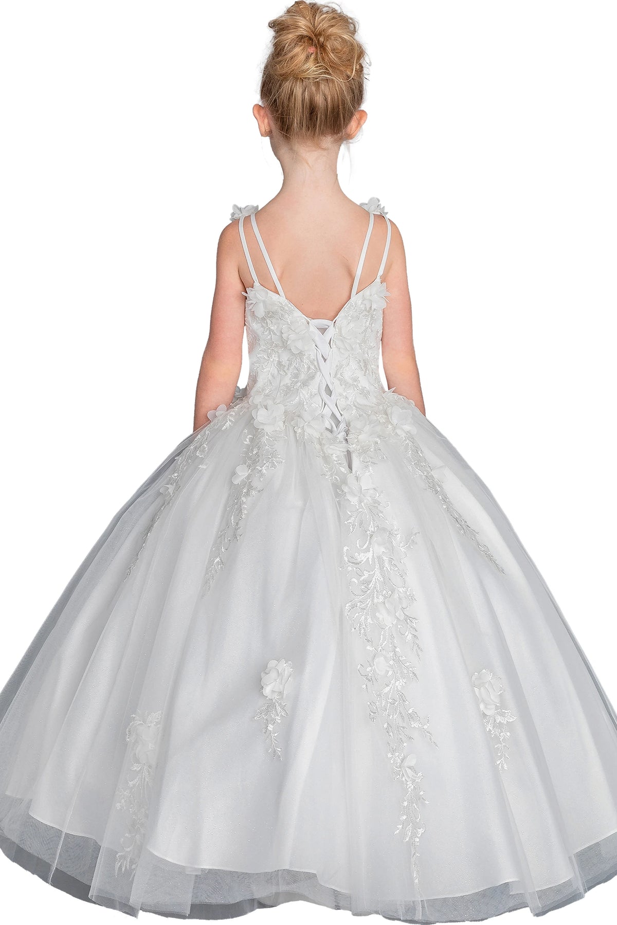 Behind the full skirt, the White mini quinceañera dress features lace-up back accented by floral straps.