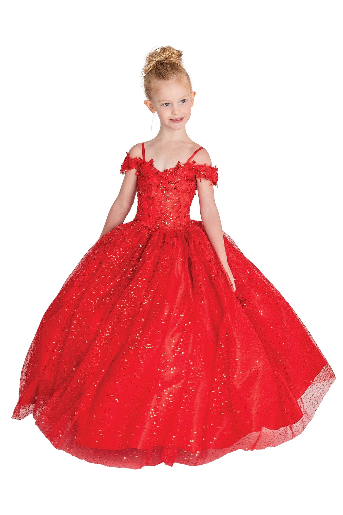 Framed by a full skirt, the Red mini quinceañera dress shows floral shoulder appliqués and allover sparkle on the red skirt.