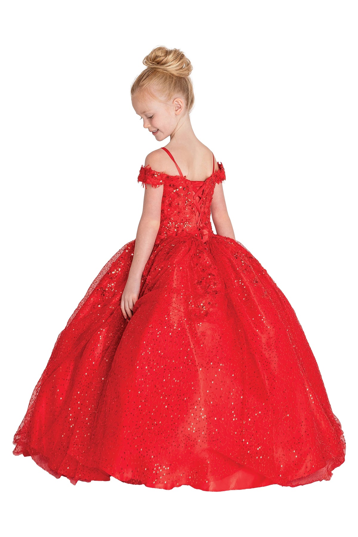 The reverse view reveals, the Red mini quinceañera dress features lace-up back outlined by delicate straps.