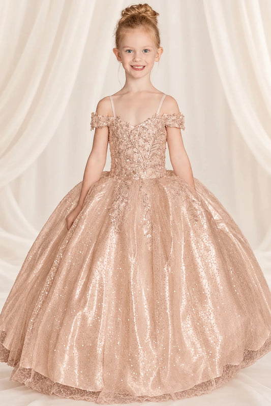Floral off-shoulder trim accents the sweetheart bodice and full glitter skirt of this Rose Gold mini quinceañera gown.
