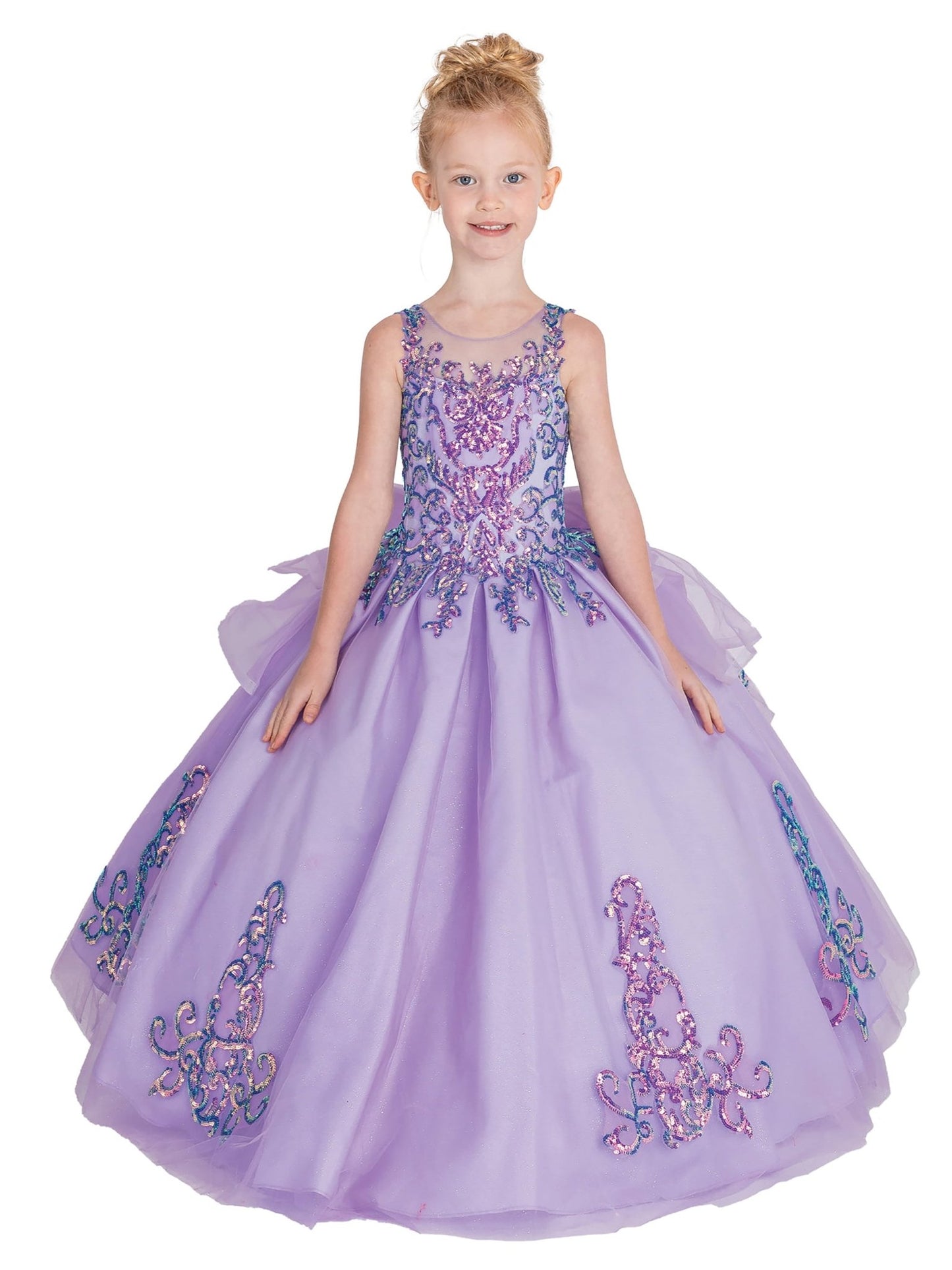 Mini Quince | Lilac Embellished Sequin Bodice Big Bow Mini Ball Gown with V-Neck, Strappy Back, and Tulle Overlay Skirt Mini Quinceañera mini quince dress | Luna dress front view.