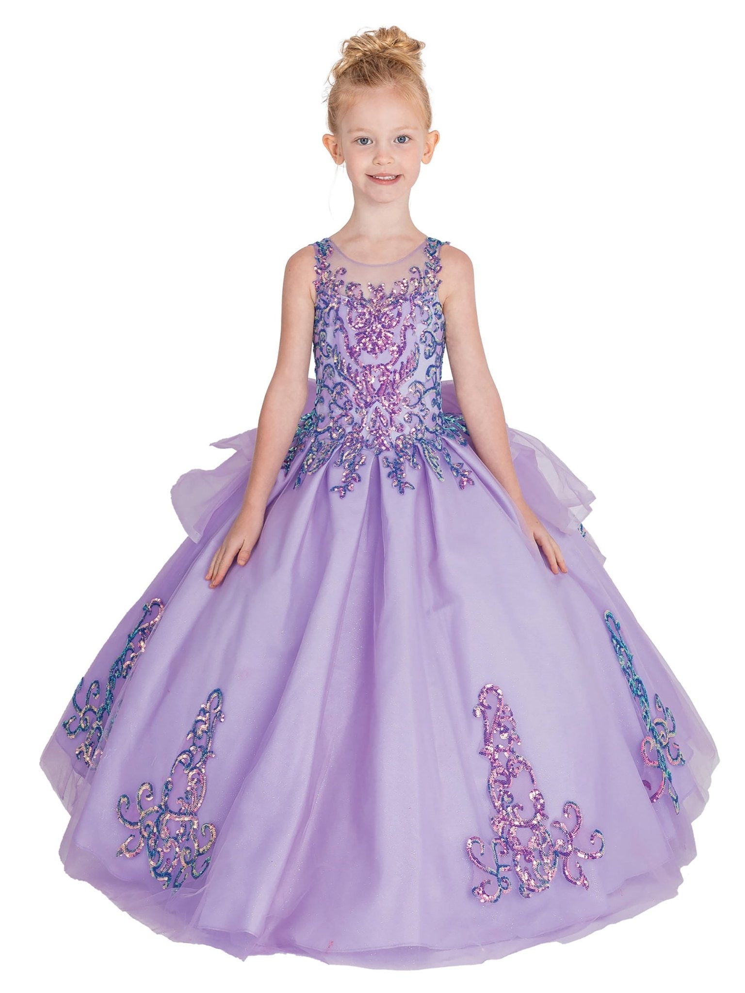 Mini Quince | Lilac Embellished Sequin Bodice Big Bow Mini Ball Gown with V-Neck, Strappy Back, and Tulle Overlay Skirt Mini Quinceañera mini quince dress | Luna dress front view.