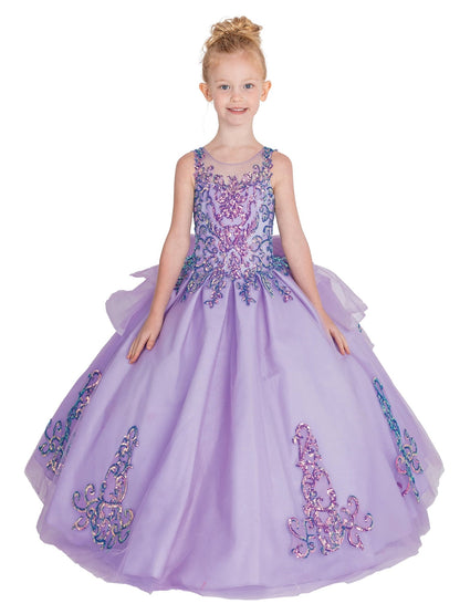 Mini Quince | Lilac Embellished Sequin Bodice Big Bow Mini Ball Gown with V-Neck, Strappy Back, and Tulle Overlay Skirt Mini Quinceañera mini quince dress | Luna dress front view.