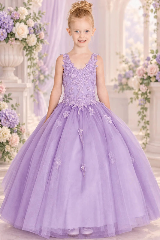 Floral lace outlines the V-neck bodice of the Lilac mini quinceañera gown above a full tulle skirt.