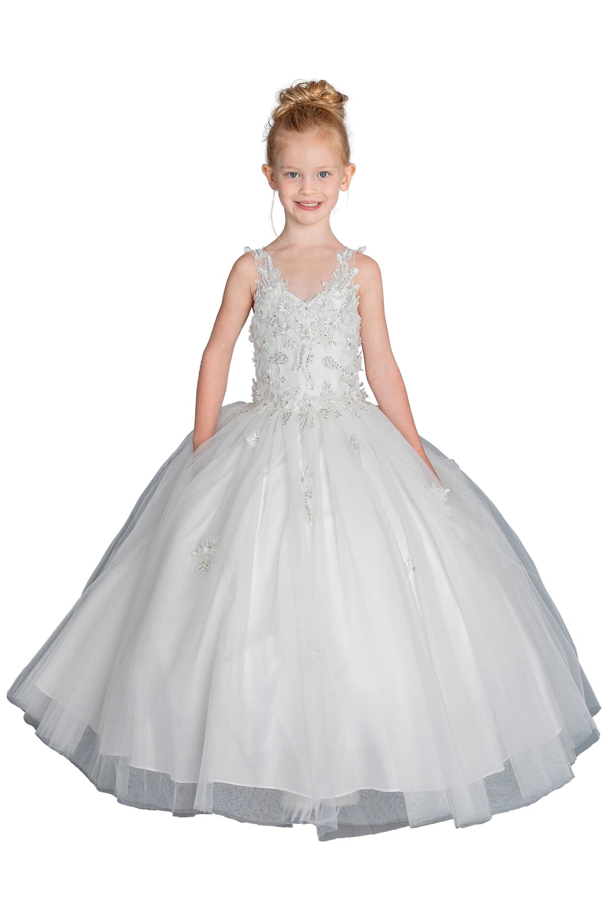 Across the front, the Off White mini quinceañera dress shows tonal lace appliqué across the sleeveless bodice and skirt.