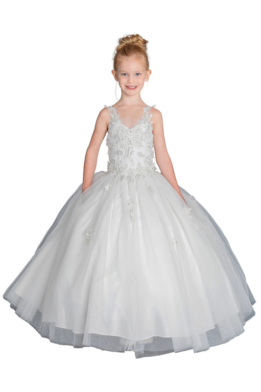 Across the front, the Off White mini quinceañera dress shows tonal lace appliqué across the sleeveless bodice and skirt.