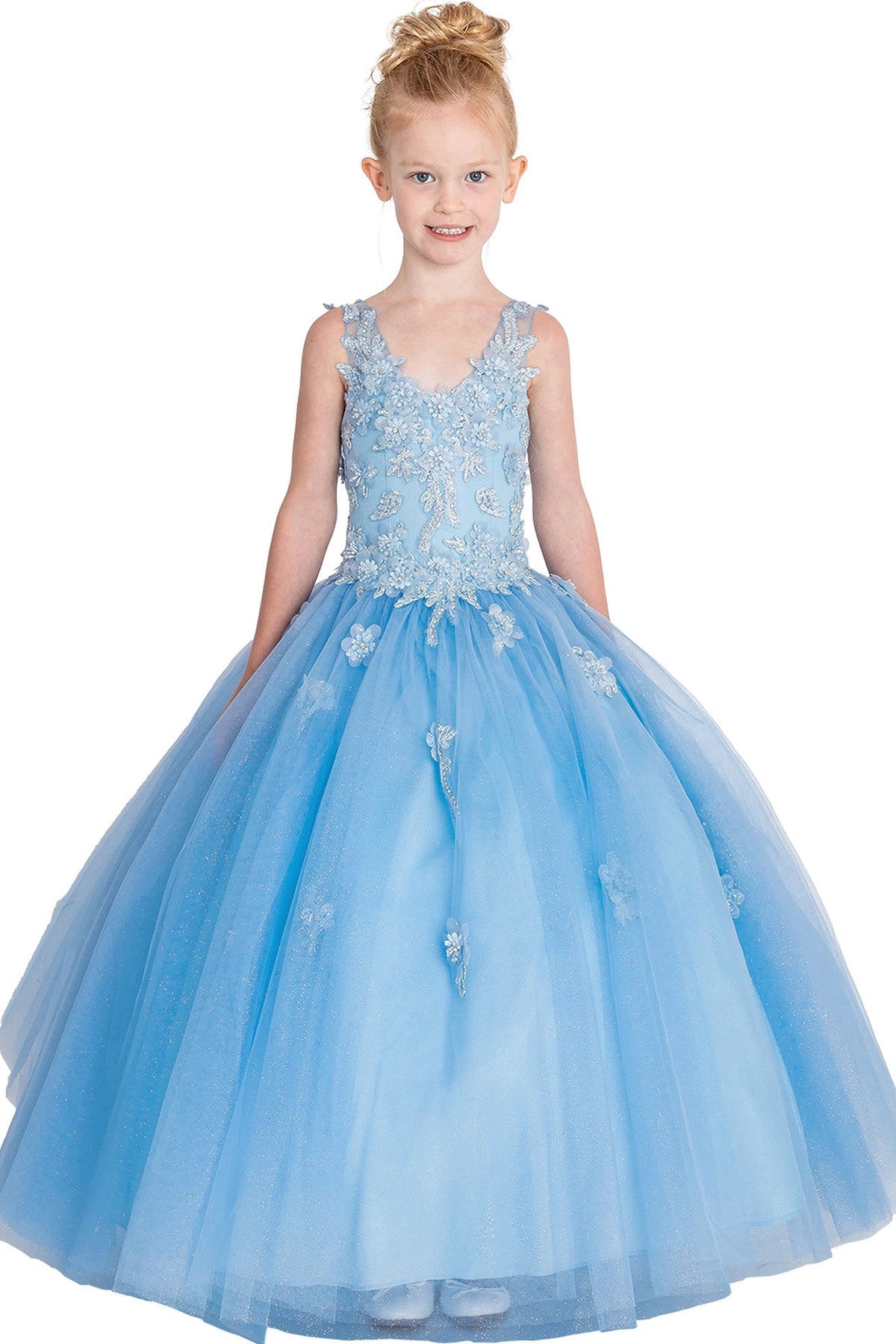 Shimmering from top to hem, the Bahama Blue mini quinceañera dress shows floral lace framing the v-neck and scattered skirt appliqués.