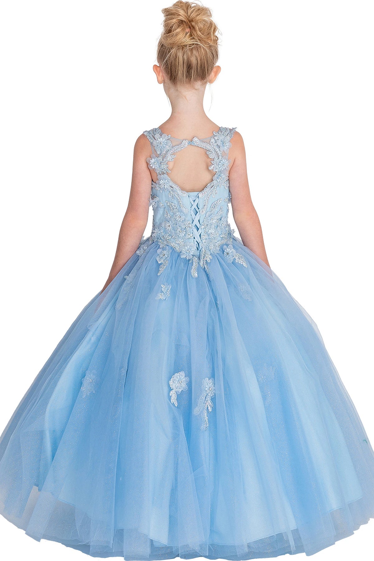 Behind the full skirt, the Bahama Blue mini quinceañera dress features keyhole back enclosed by lace embroidery.