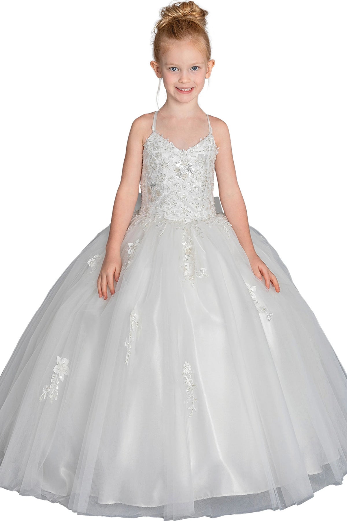 In full view, the White mini quinceañera dress shows tonal floral lace across the bodice and softly layered white skirt.