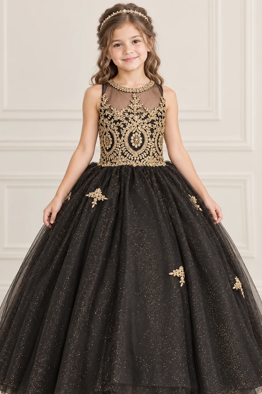 Rhinestone embroidery highlights the sheer halter bodice and full glitter skirt of this Black mini quinceañera gown.