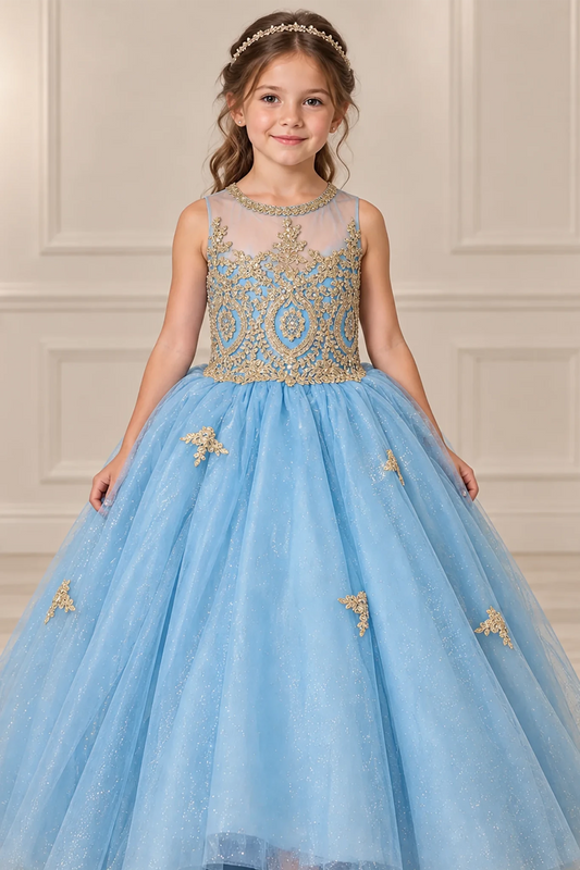 Rhinestone embroidery highlights the sheer halter bodice and full glitter skirt of this Blue mini quinceañera gown.