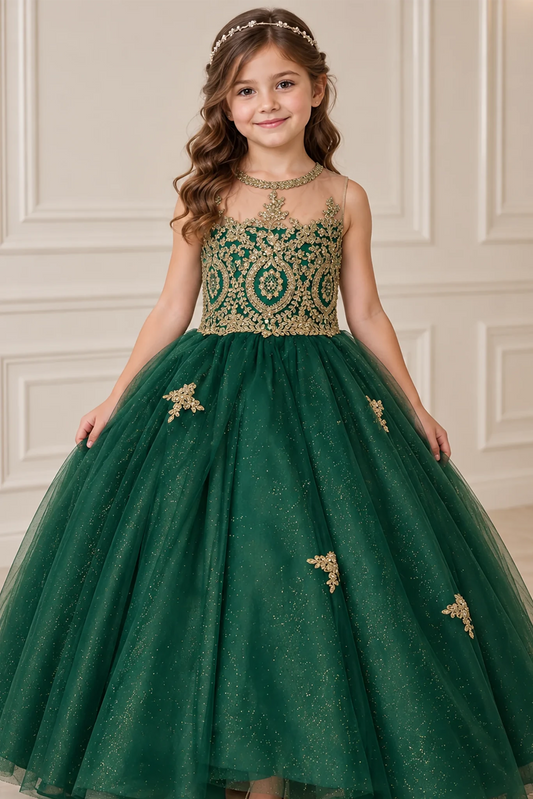 Rhinestone embroidery highlights the sheer halter bodice and full glitter skirt of this Hunter Green mini quinceañera gown.