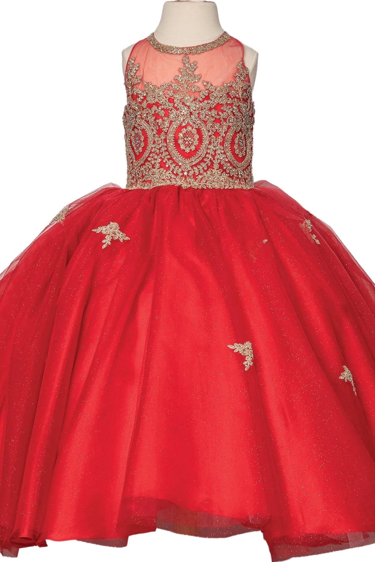 From the neckline, the Red mini quinceañera dress shows gold embroidery over the sheer halter bodice and red ball skirt.
