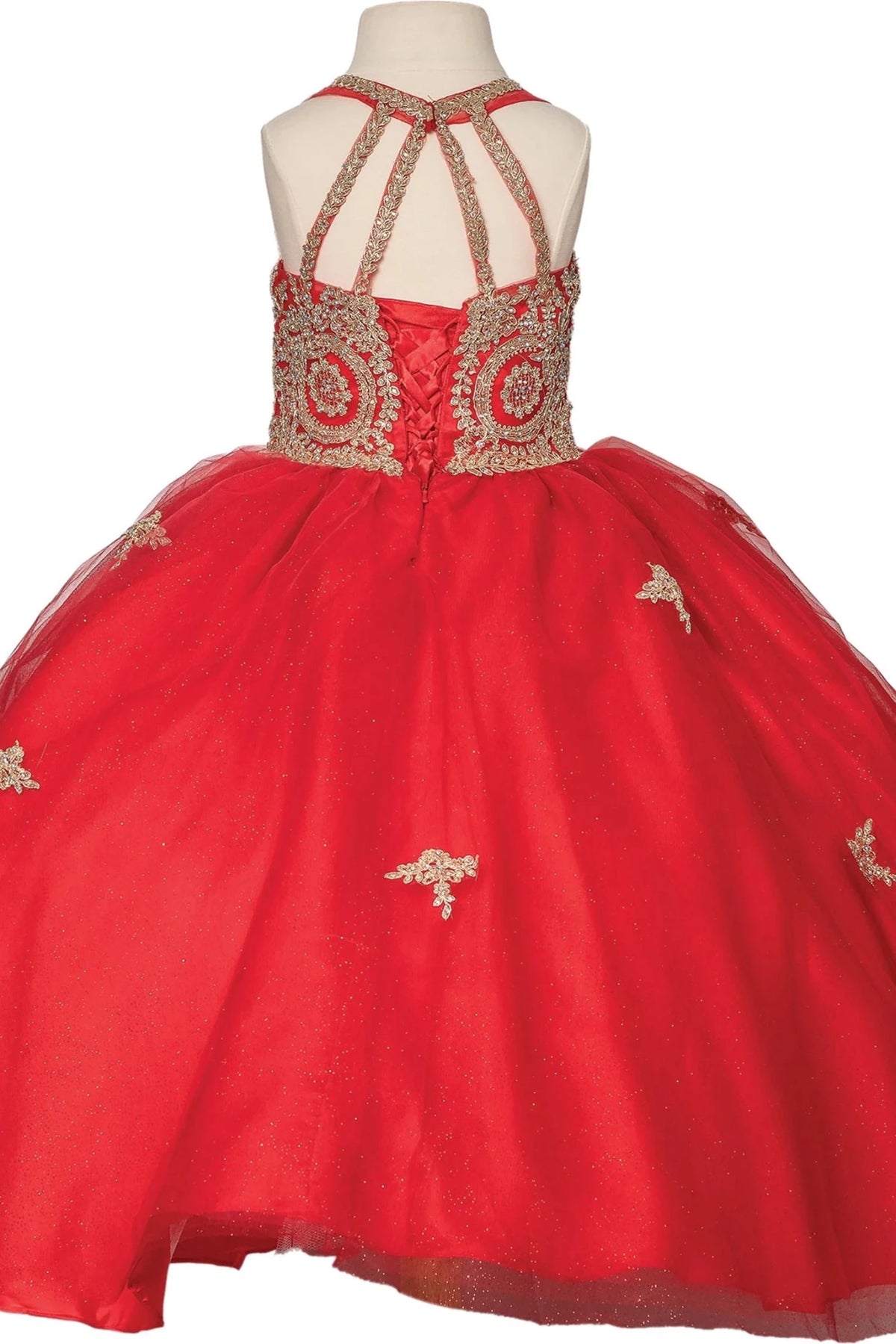 Seen from the back, the Red mini quinceañera dress features open halter back divided by jeweled straps.