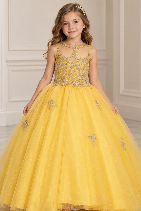 Rhinestone embroidery highlights the sheer halter bodice and full glitter skirt of this Yellow mini quinceañera gown.