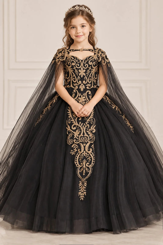 Ornate gold embroidery trails down the bodice and full skirt of this Black mini quinceañera gown beneath a sheer cape.