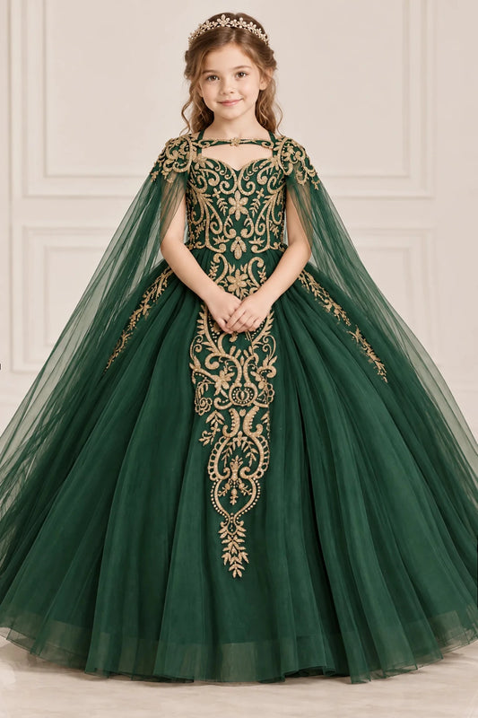 Ornate gold embroidery trails down the bodice and full skirt of this Hunter Green mini quinceañera gown beneath a sheer cape.