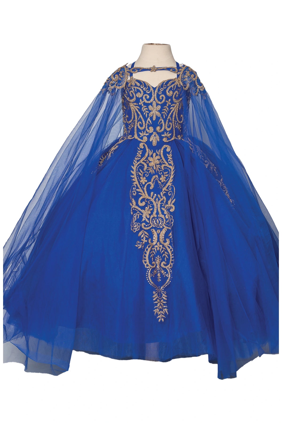 Shimmering from top to hem, the Royal Blue mini quinceañera dress shows gold scroll embroidery beneath a flowing sheer cape.