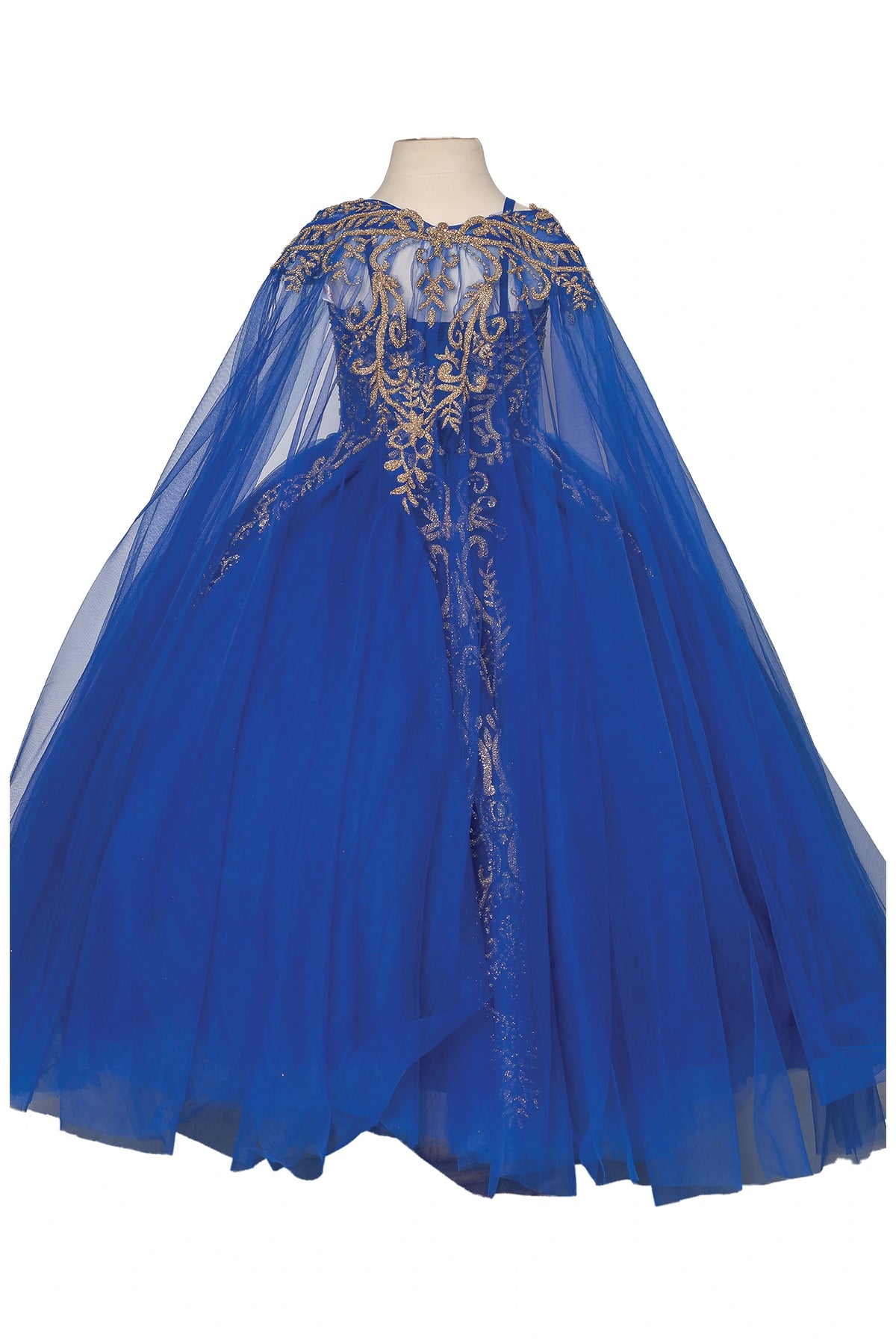 Behind the full skirt, the Royal Blue mini quinceañera dress features embroidered cape and corset back over the full skirt.