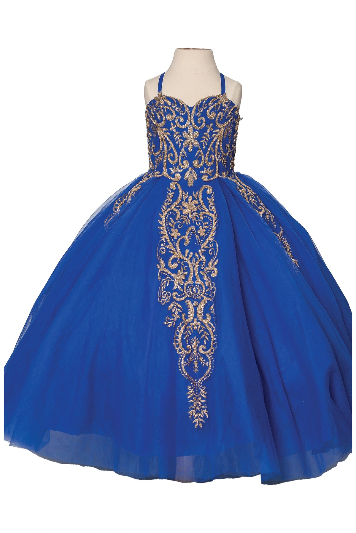 Without the cape, gold embroidery stands out across the Royal Blue mini quinceañera dress bodice and full skirt.