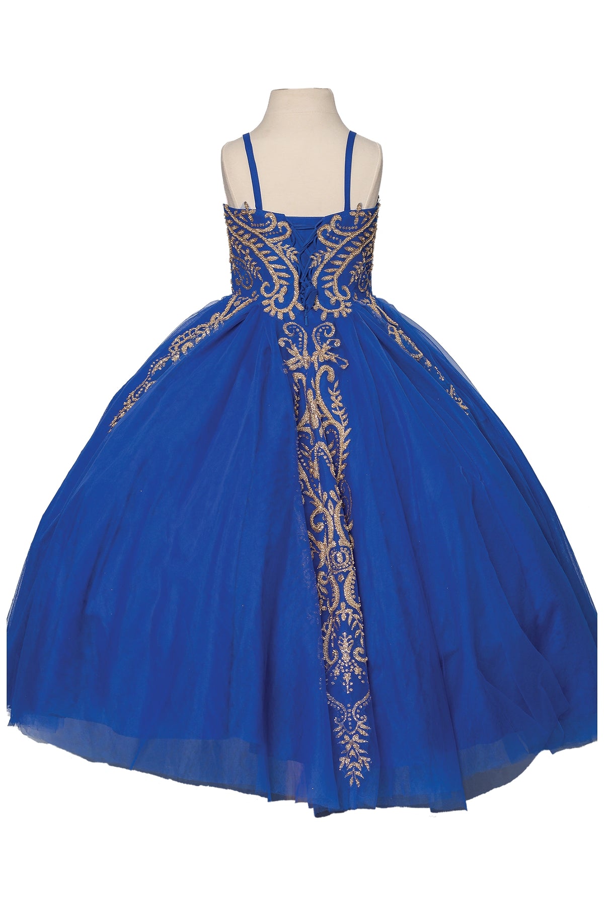 The cape-free back of the Royal Blue mini quinceañera dress reveals narrow straps and a fitted embroidered bodice.