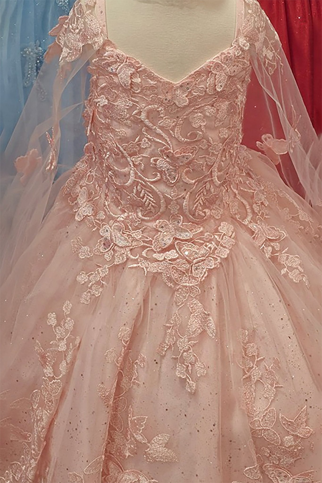 Blush kids mini quinceañera mini quince dress with butterfly lace bodice and tulle overlay skirt.