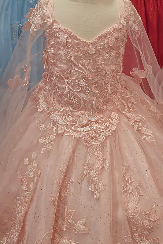 Blush kids mini quinceañera mini quince dress with butterfly lace bodice and tulle overlay skirt.