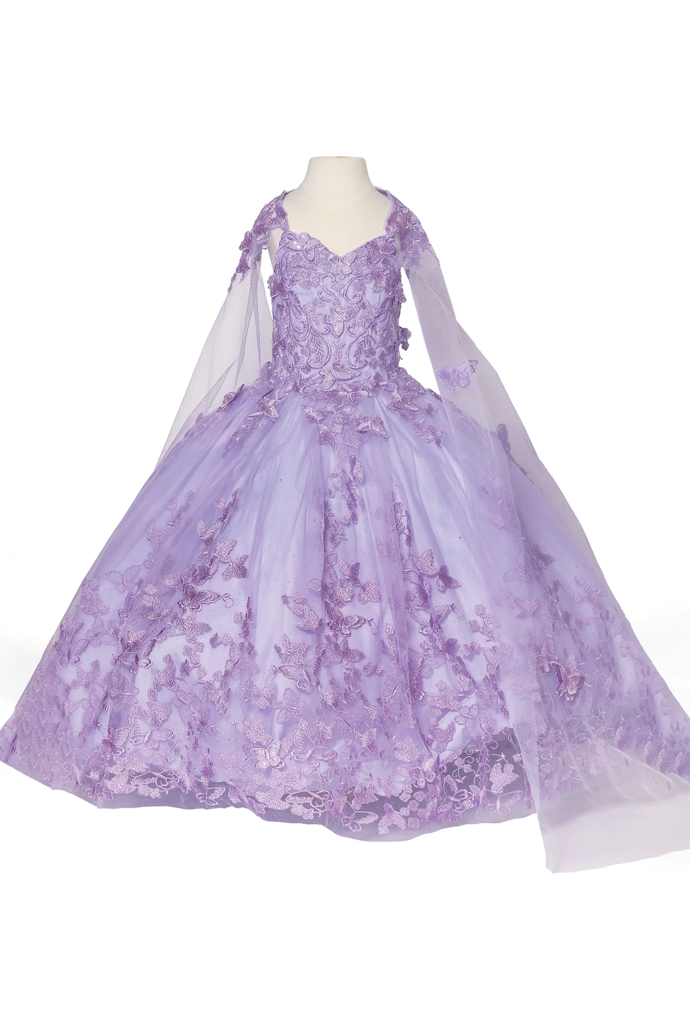 Lilac kids mini quinceañera mini quince dress with butterfly embroidered lace bodice and tulle skirt.