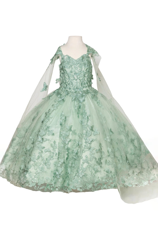 Sage kids mini quinceañera mini quince dress with butterfly embroidered lace bodice and tulle skirt.