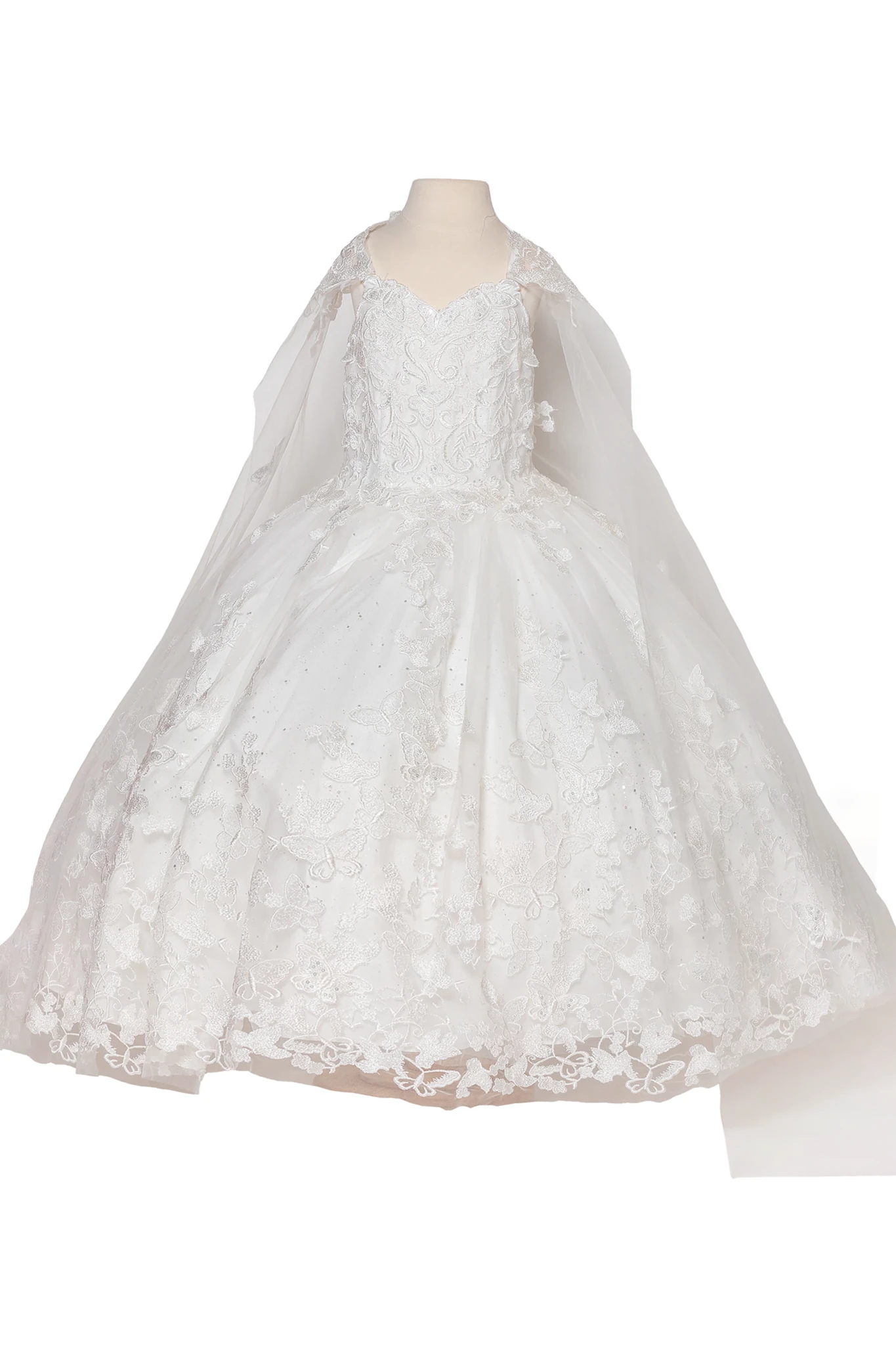 Off-white kids mini quinceañera mini quince dress with butterfly embroidered lace bodice and tulle skirt.
