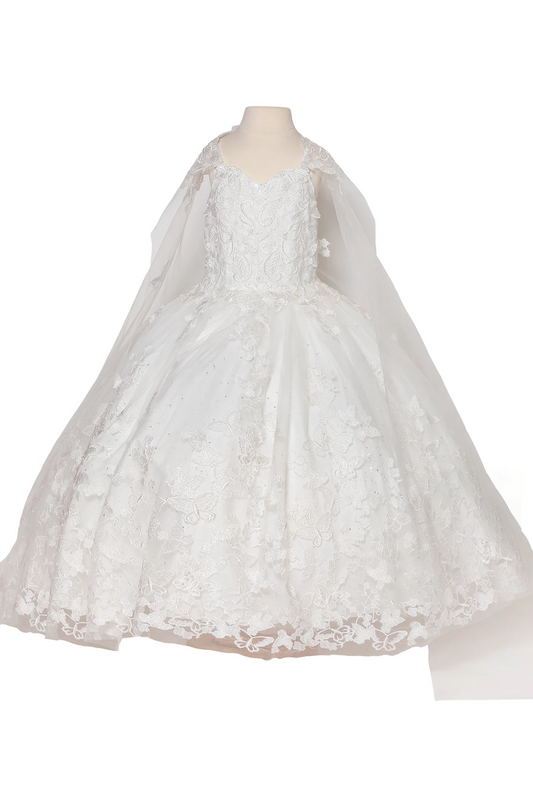 Off-white kids mini quinceañera mini quince dress with butterfly embroidered lace bodice and tulle skirt.
