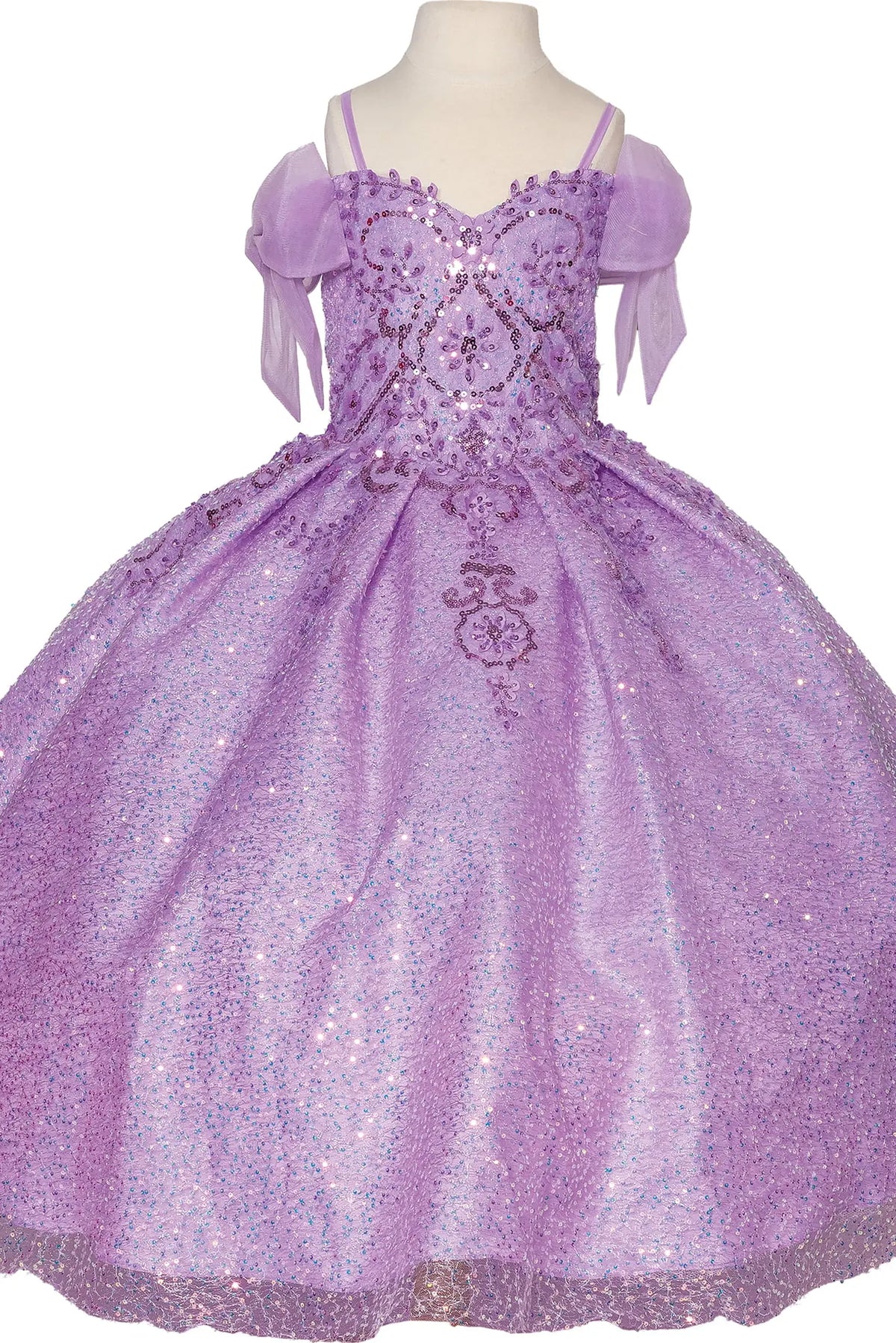 Across the front, the Lilac mini quinceañera dress shows sequined sweetheart bodice with ribboned puff sleeves.