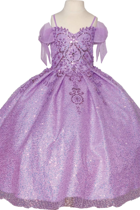 Across the front, the Lilac mini quinceañera dress shows sequined sweetheart bodice with ribboned puff sleeves.