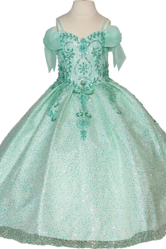 At first glance, the Mint mini quinceañera dress shows sequined sweetheart bodice with ribboned puff sleeves.