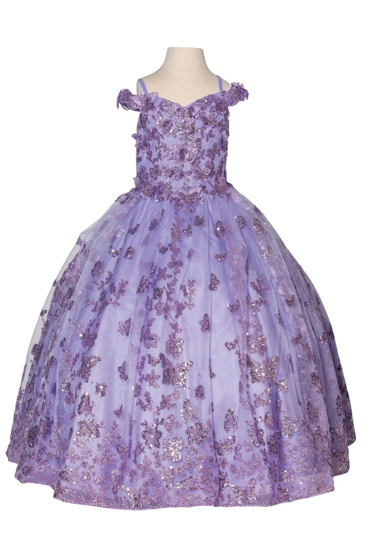 lilac kids mini quinceañera mini quince dress with butterfly and floral sequin embellishments, sparkling tulle skirt, and flowing silhouette.