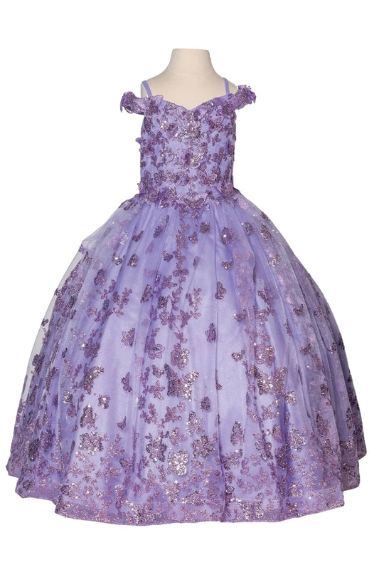 lilac kids mini quinceañera mini quince dress with butterfly and floral sequin embellishments, sparkling tulle skirt, and flowing silhouette.