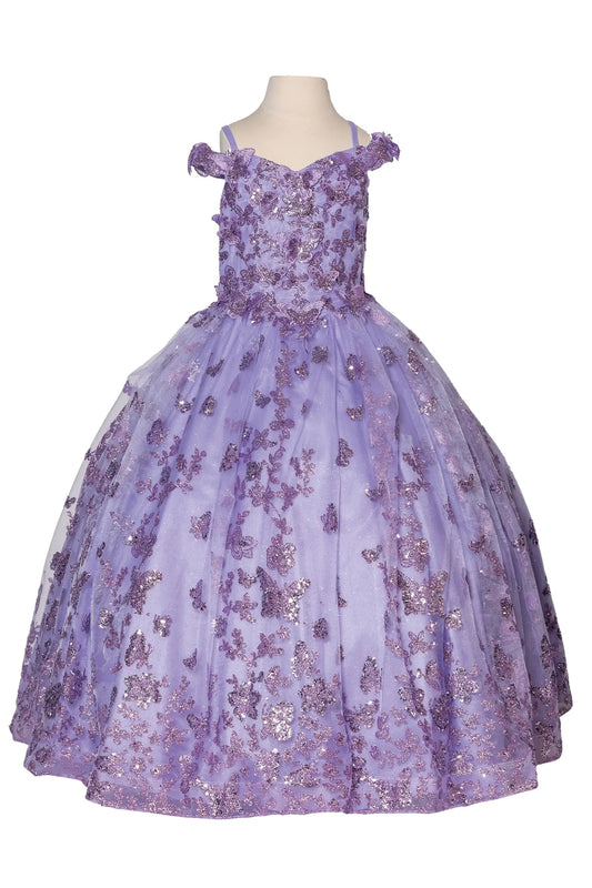 lilac kids mini quinceañera dress with butterfly and floral sequin embellishments, sparkling tulle skirt, and flowing silhouette