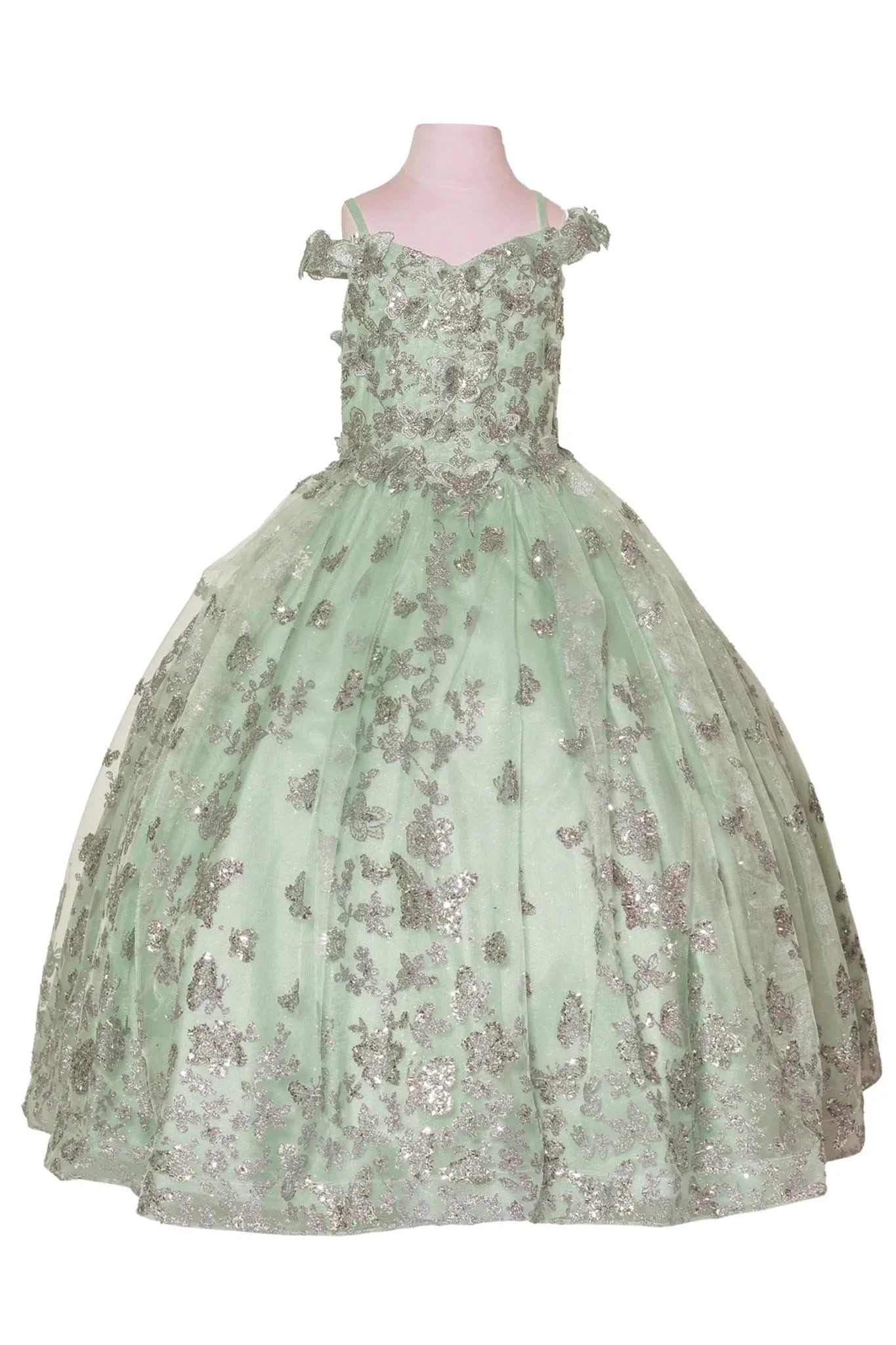 Sage kids mini quinceañera mini quince dress with butterfly and floral sequin embellishments, shimmering tulle skirt, and elegant finish.