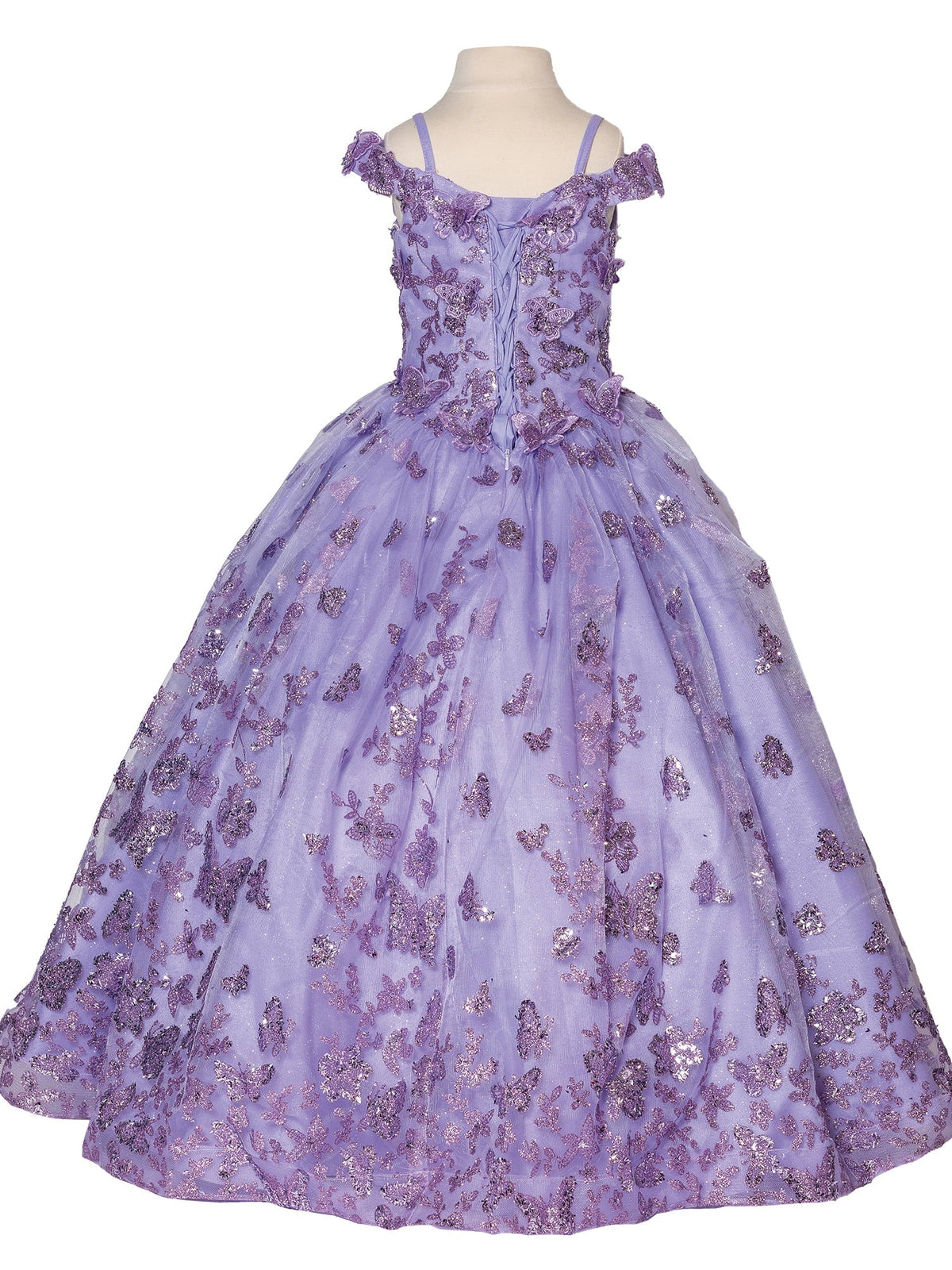 Lilac Butterfly and Floral Embellished Sequin Ball Gown Mini Quinceanera 3-Anos mini quince dress back view.