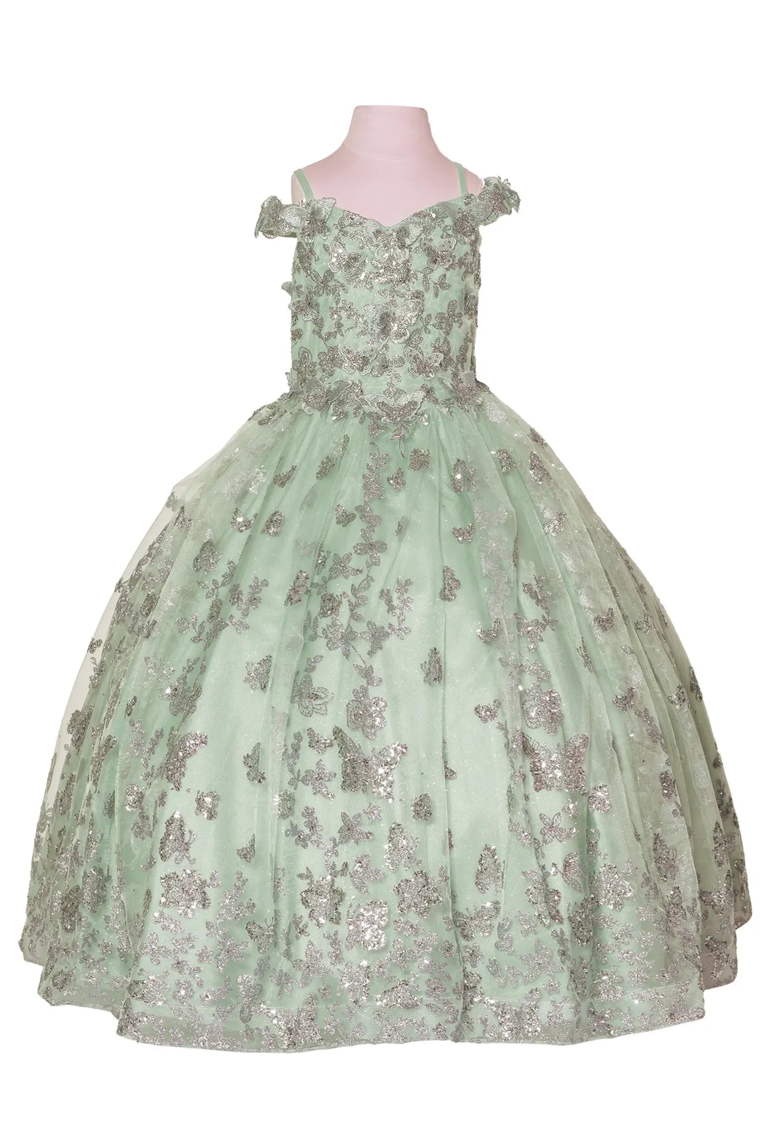 Sage kids mini quinceañera dress with butterfly and floral sequin embellishments, shimmering tulle skirt, and elegant finish
