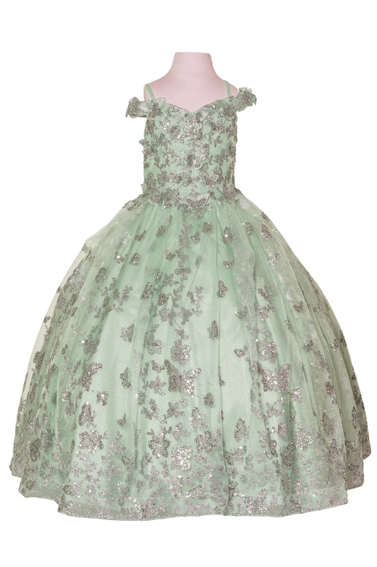 Sage kids mini quinceañera dress with butterfly and floral sequin embellishments, shimmering tulle skirt, and elegant finish