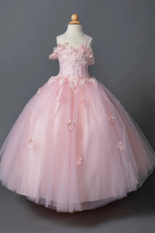 Blush kids mini quinceañera mini quince dress with lace-up bodice, floral appliqué detailing, and glitter tulle skirt.