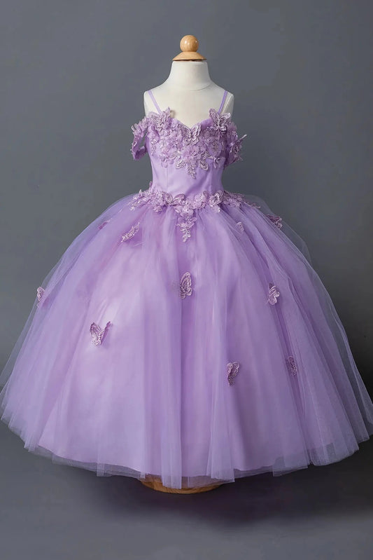 Lilac kids mini quinceañera mini quince dress with lace-up bodice, floral appliqué detailing, and glitter tulle skirt.